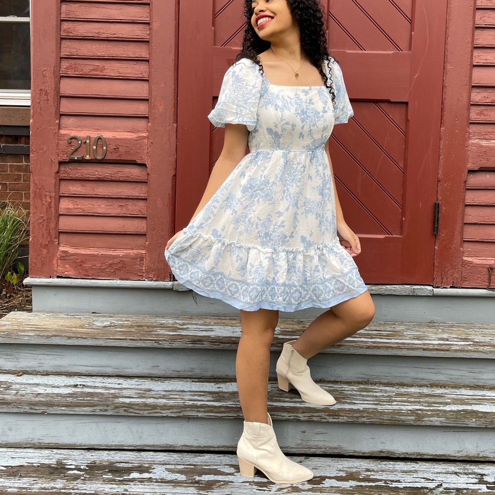 New Mini Blu Pepper Dress | Flower Print Babydoll Sleeved Square Neck Dress